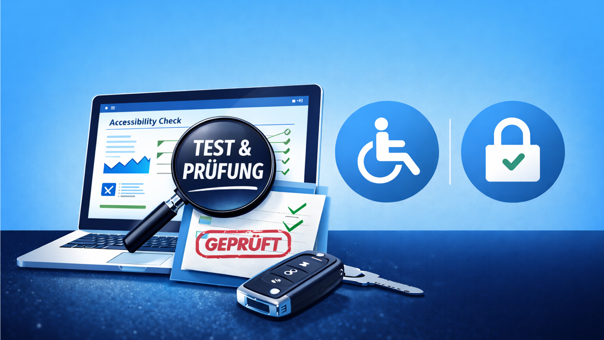 Illustration einer Website-Prüfung hinsichtlich Barrierefreiheit und DSGVO