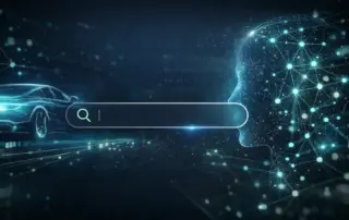 Suchbalken vor Illustration eines Autos und Menschen in futuristischen Stil zum Thema Generative Engine Optimization