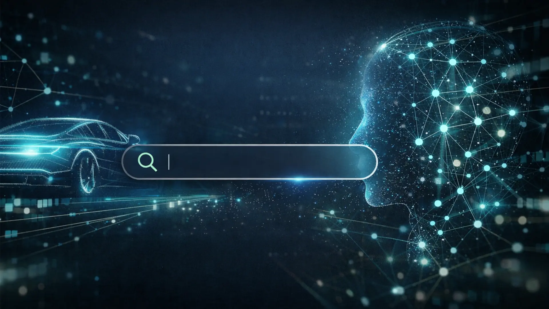 Suchbalken vor Illustration eines Autos und Menschen in futuristischen Stil zum Thema Generative Engine Optimization