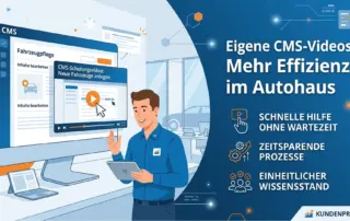 Mann steht vor einem Computer, auf dem CMS-Schulungsvideos ausgespielt werden. Daneben werden die Vorteile von eigenen CMS-Videos aufgelistet