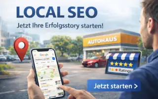 Mann steht vor einem Autohaus und blickt auf ein Smartphone, das die Google-Unternehmensprofile von Autohäusern in der Nähe aufzeigt