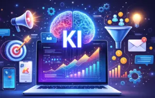 Illustration mit einem Laptop im Mittelpunkt zum Thema "Gezielte KI-Nutzung in Marketing-Kampagnen"