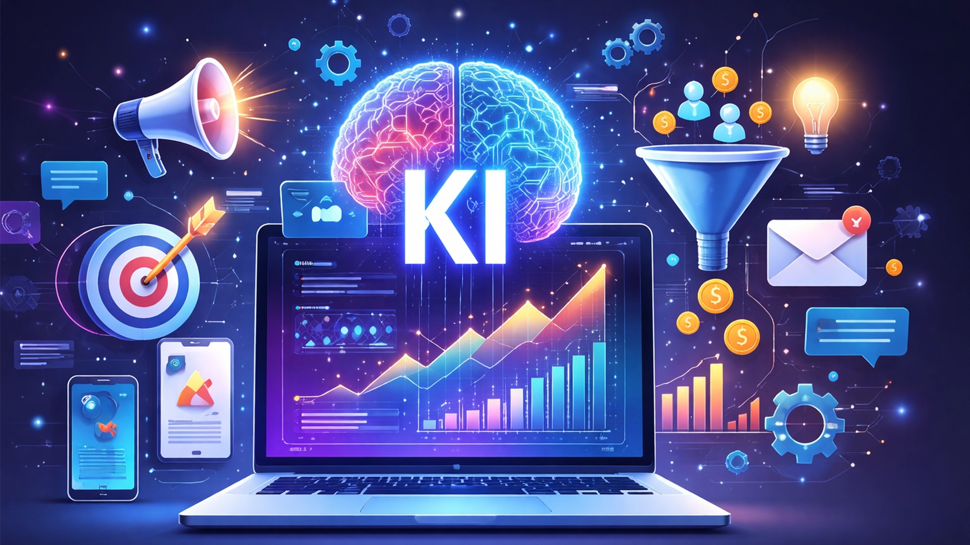 Illustration mit einem Laptop im Mittelpunkt zum Thema "Gezielte KI-Nutzung in Marketing-Kampagnen"