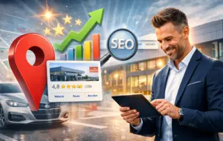 Mann mit Tablet steht vor einem Autohaus-Hintergrund, daneben Illustrationen zum Thema Local SEO