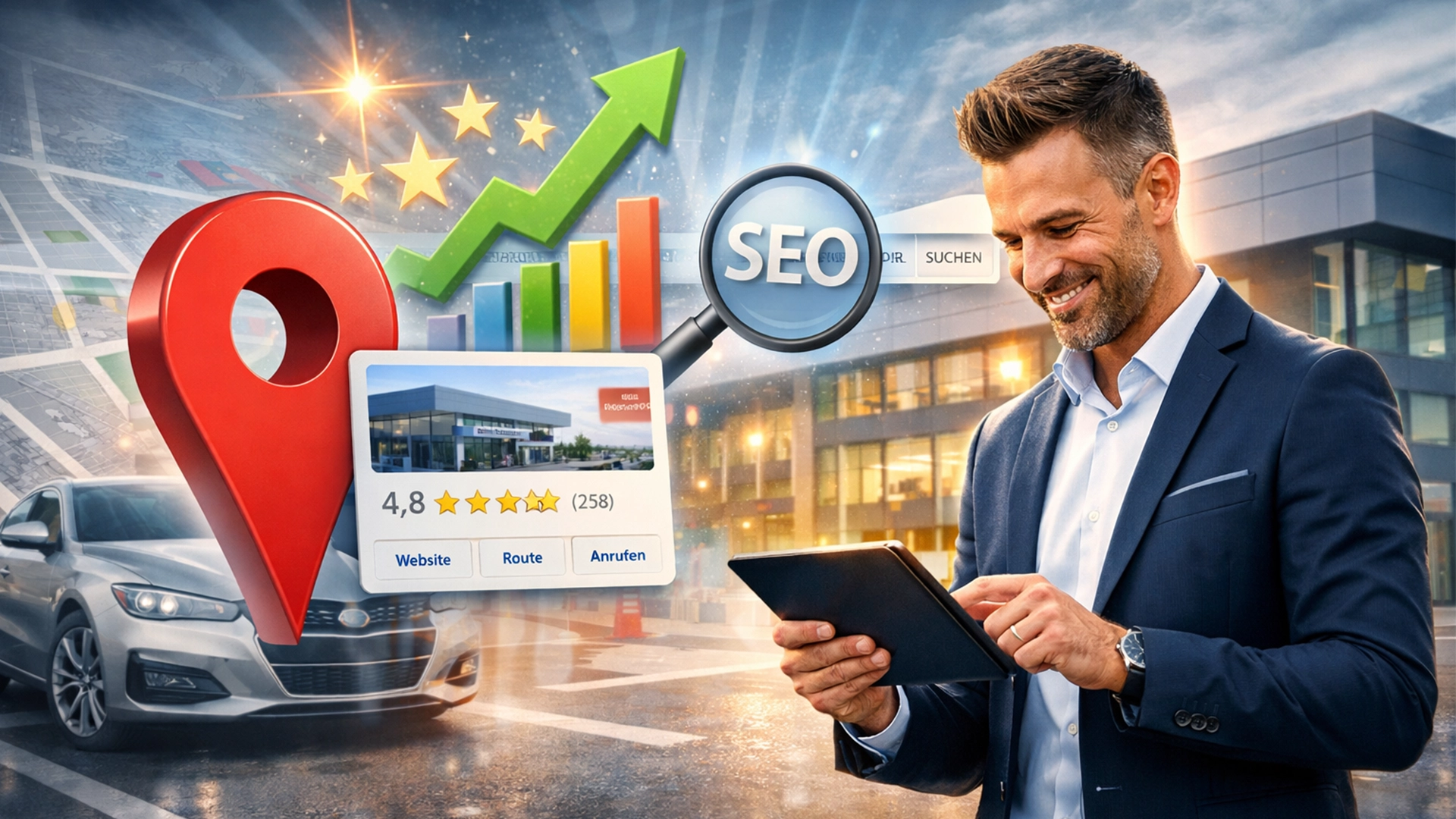 Mann mit Tablet steht vor einem Autohaus-Hintergrund, daneben Illustrationen zum Thema Local SEO