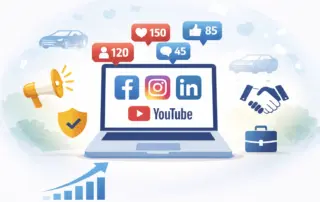 Illustration eines Laptops mit Symbolen zum Thema Social Media