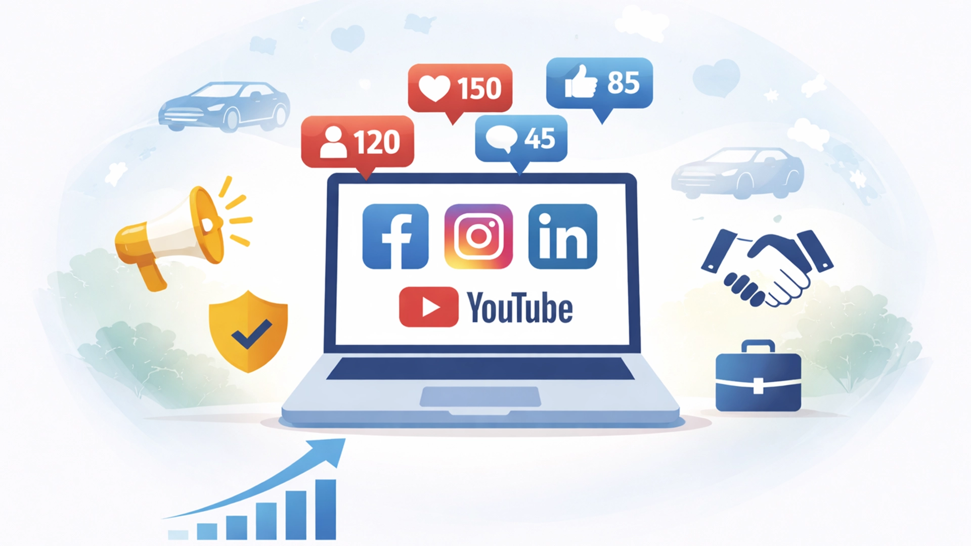 Illustration eines Laptops mit Symbolen zum Thema Social Media