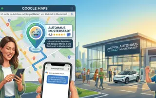 Abbildung eines Autohauses sowie eines Smartphones, auf dem eine "Ask Google Maps" Anfrage ausgespielt wird, die zum Autohaus in Google Maps führt
