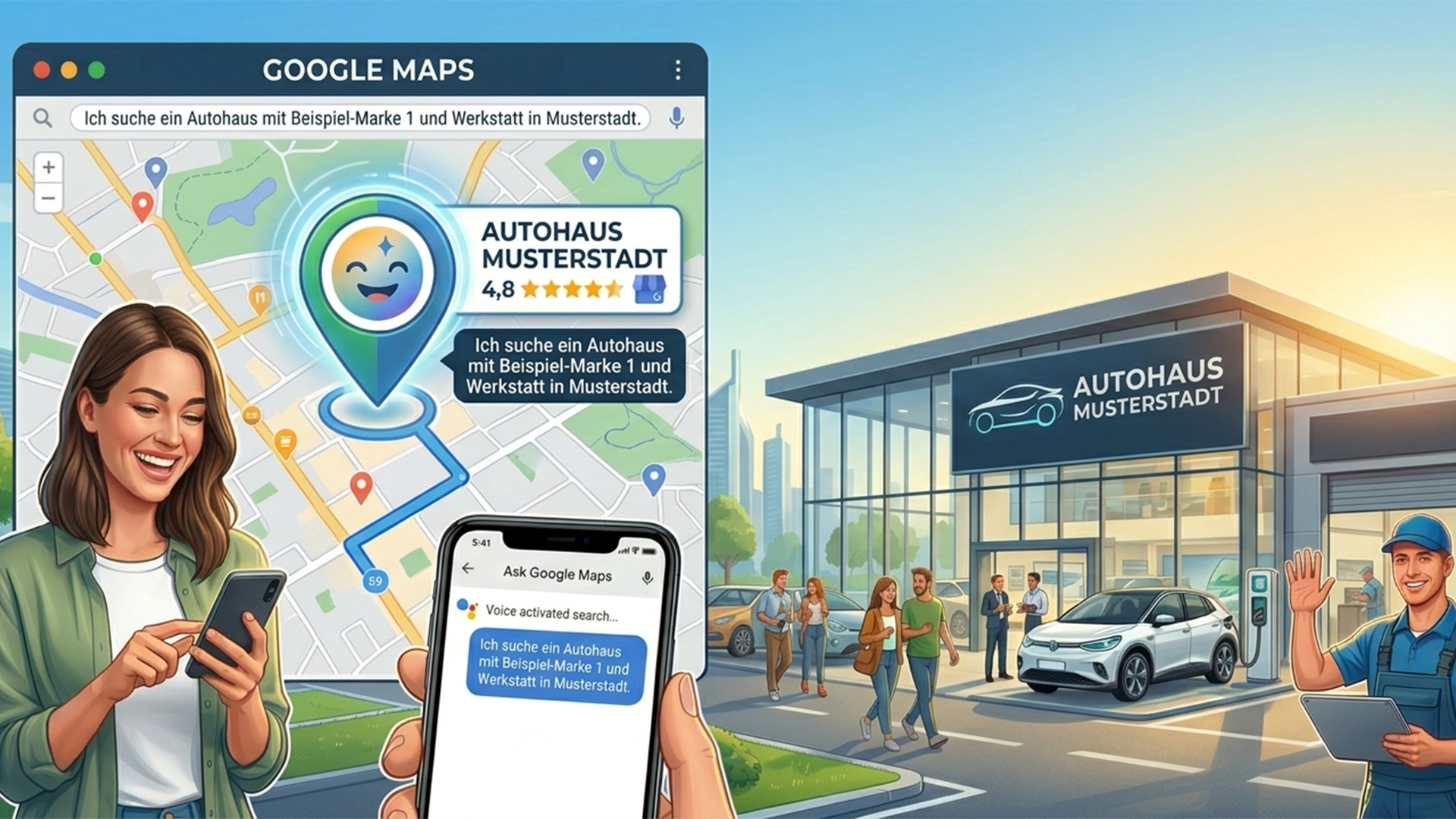 Abbildung eines Autohauses sowie eines Smartphones, auf dem eine "Ask Google Maps" Anfrage ausgespielt wird, die zum Autohaus in Google Maps führt