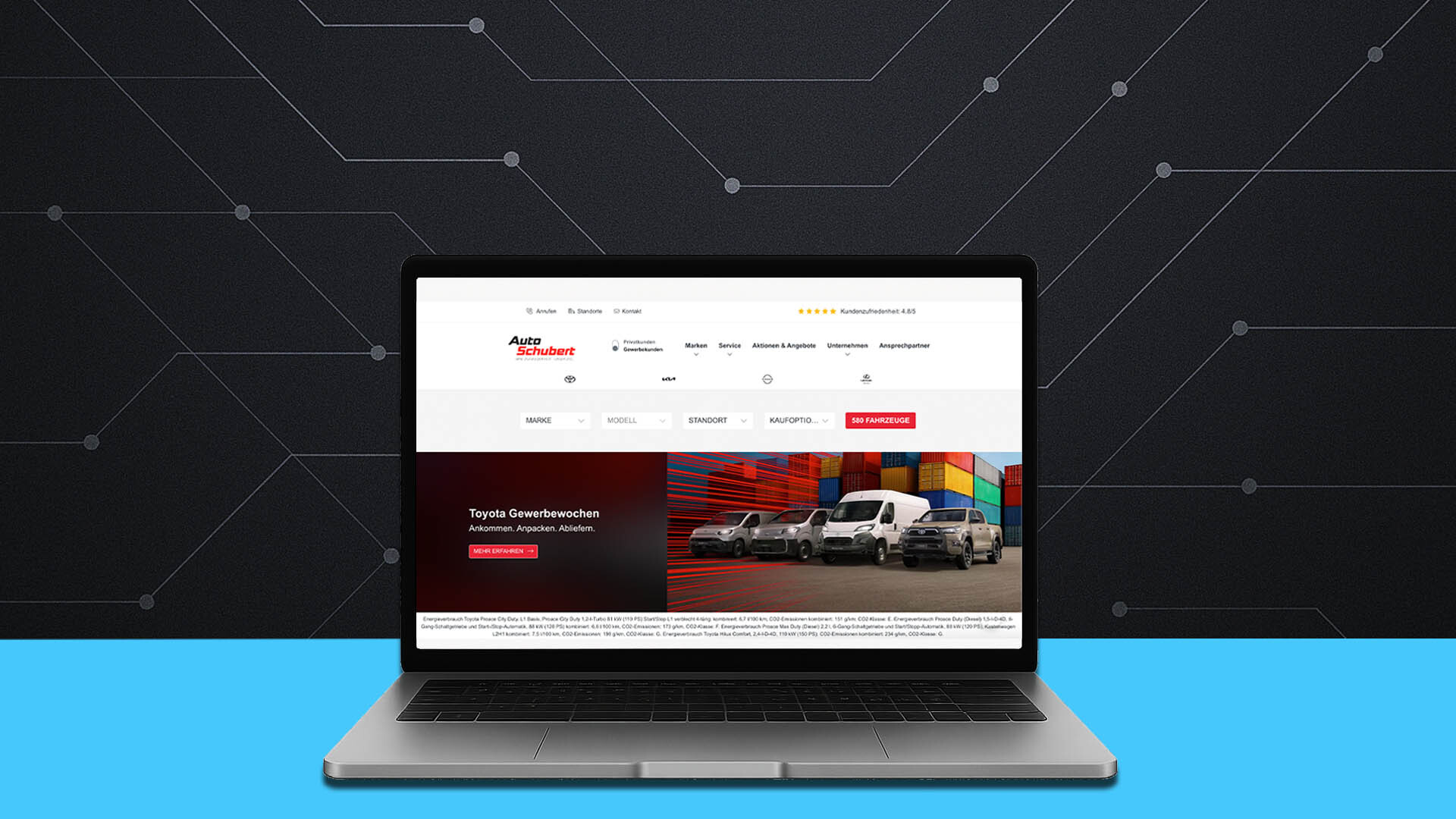 Website mit Zielgruppenschalter für den Wechsel zwischen Privat- und Gewerbekunden